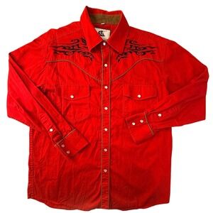 Coevals Club Mens Rodeo Western Red Snap Shirt Embroidery Cotton Long Sleeve